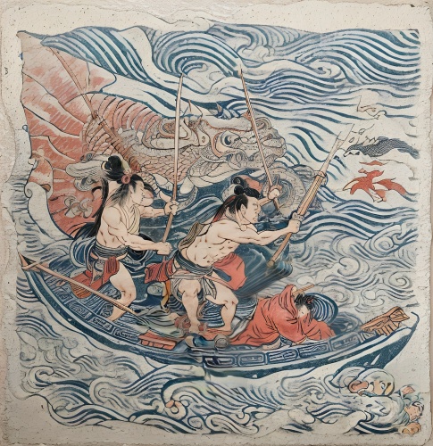 oriental painting,cool woodblock images,tapestry,the people in the sea,ramayana,woodblock prints,god of the sea,poseidon,khokhloma painting,sea god,mermaids,japanese wave paper,triton,kawaii people swimming,el mar,motifs of blue stars,the wind from the sea,merman,canoe polo,the sea maid