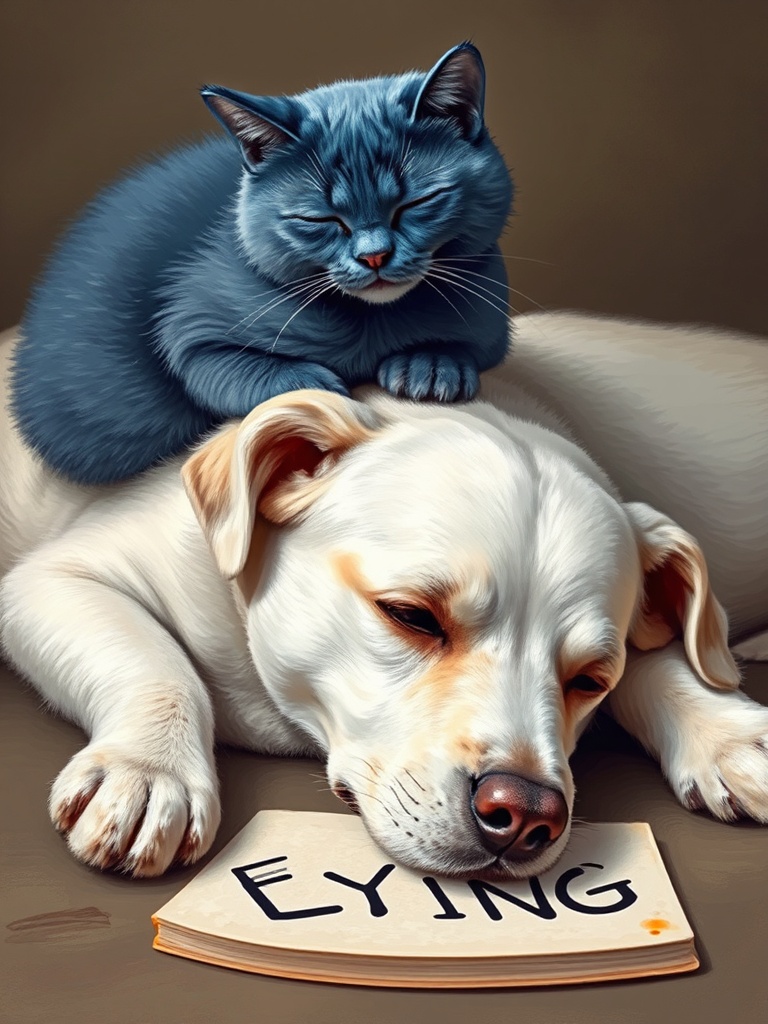 picture of a cat and a dog, the cat sits upon the dog, eye closed, seems sleeping. Dog is lying on ground, beside the dog scatters a book writing "FLYING". Dog looks curious, the cat is blue, the dog 